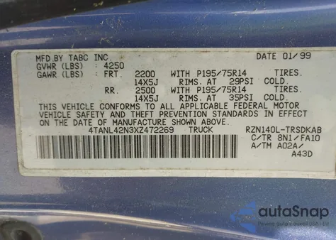 1999 Toyota Tacoma z USA, uszkodzony, nr VIN 4TANL42N3XZ472269